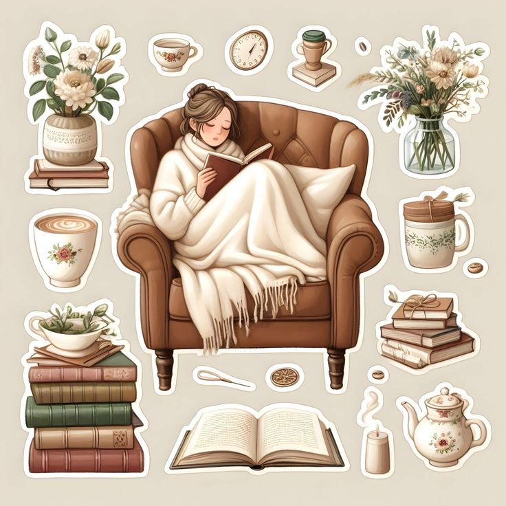 a woman sitting in a chair reading a book surrounded by books and coffee mugs