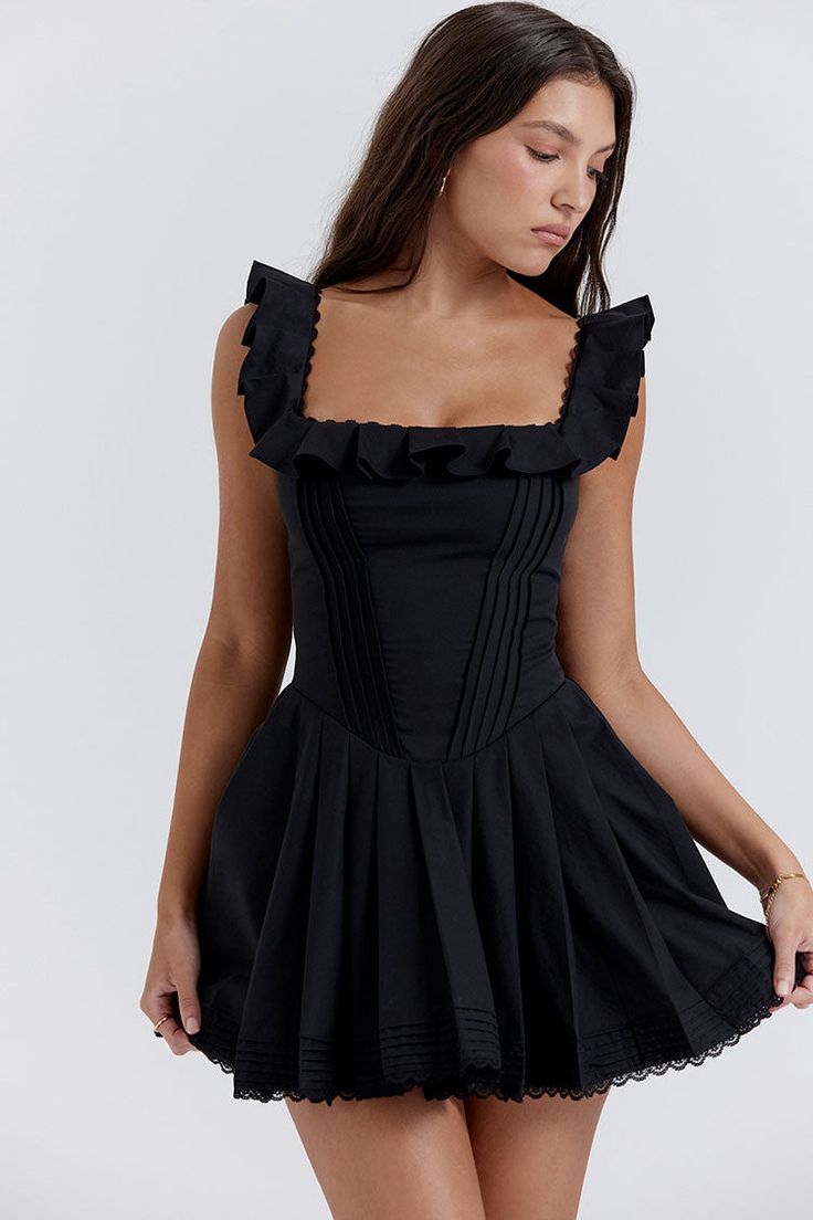 Little Black Dresses, Black Pins, Mini Sundress, Pleated Mini Skirt, Dress Cuts, Black Ruffle, Corsets, Drop Waist, 8 M