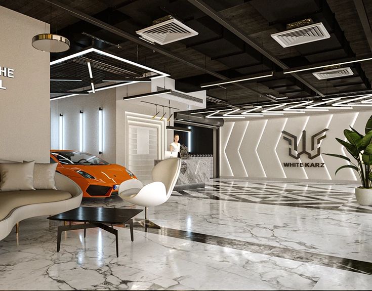 an office lobby with marble floors and white walls, two couches and a coffee table