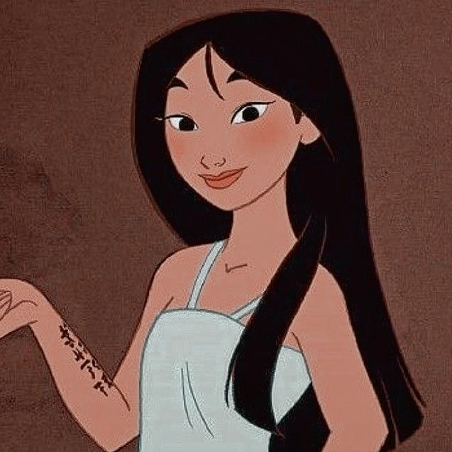 an animated image of a woman with long black hair and tattoos on her left arm