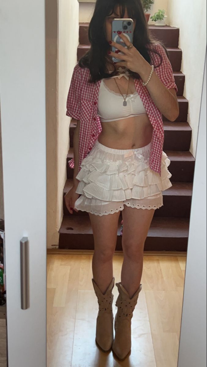 #ootd| outfit inspo | bloomers | farmers daughter aesthetic | coquette | cowboy boots | bloomers outfit | plaid shirt | mirror pic |dollette Country Plaid Outfit, Flower Clothing Aesthetic, Farm Fits Aesthetic, 4th Of July Outfits Coquette, Lana Country Aesthetic, Coquette Coachella Outfit, Plaid Summer Outfits, Coquette Cowboy Boots, Ldr Outfit Aesthetic