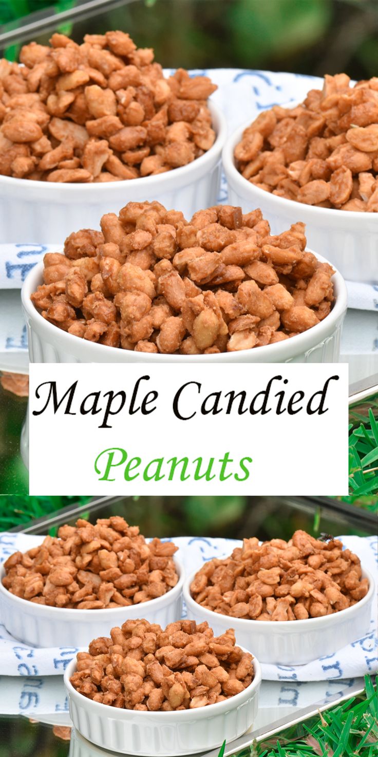 four white bowls filled with maple candied peanuts on top of green grass and the words maple candied peanuts above them