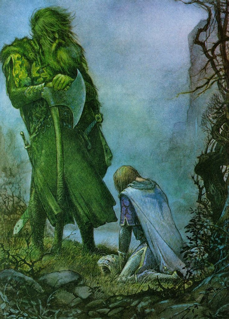 King Arthur Characters, Gawain And The Green Knight, Sir Gawain, Knight King, The Green Knight, Knight Tattoo, Green Knight, Fantasy Forest, Knight Art