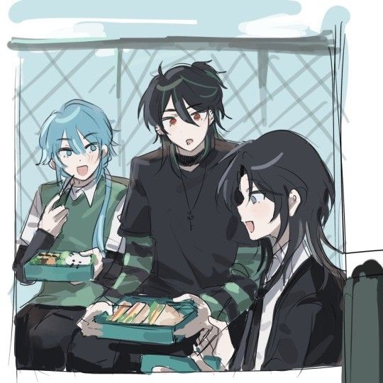 three people sitting on a couch with food in their hands and one person holding a plate