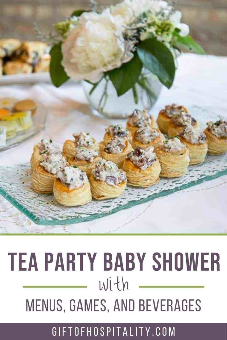 tea party baby shower with menus, games, and beverages for the guests to enjoy