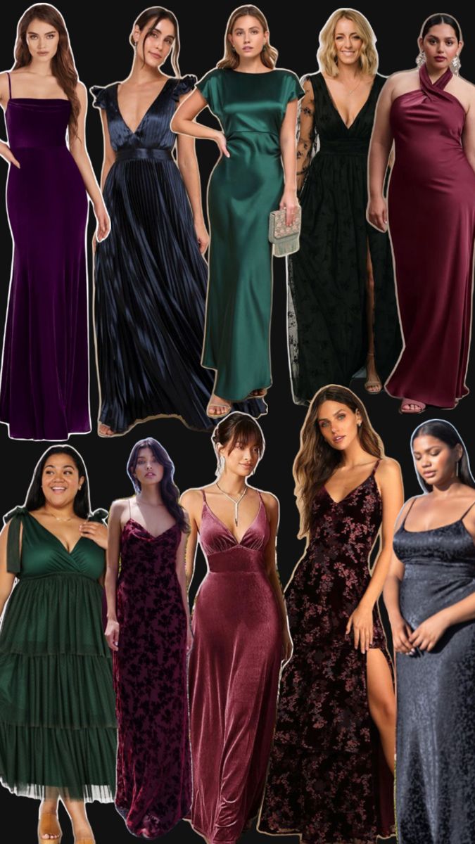 women in evening gowns and dresses from different eras to the same age, all wearing different colors