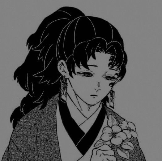 an anime character with long hair and wearing a kimono, holding a flower in her hand