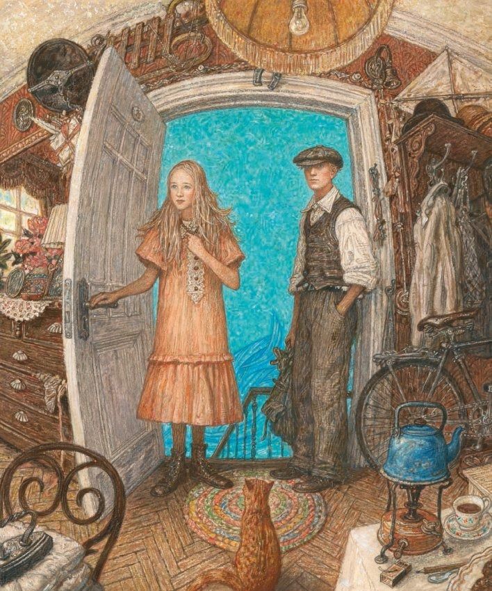 a painting of two people standing in an open door