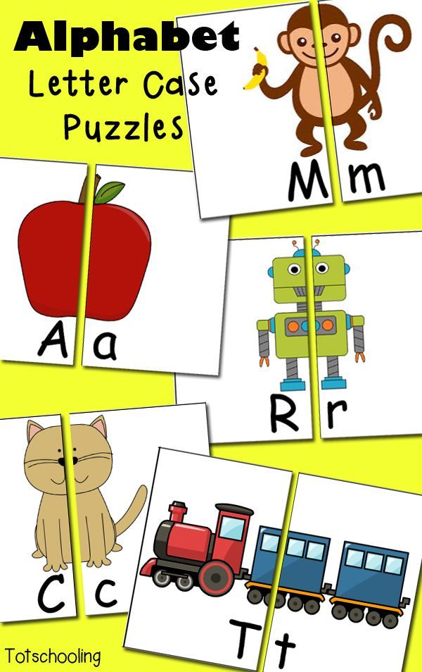 the alphabet and letter case puzzles are shown with pictures of animals, trains, and trucks