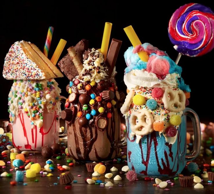 three ice cream sundaes with sprinkles and candy