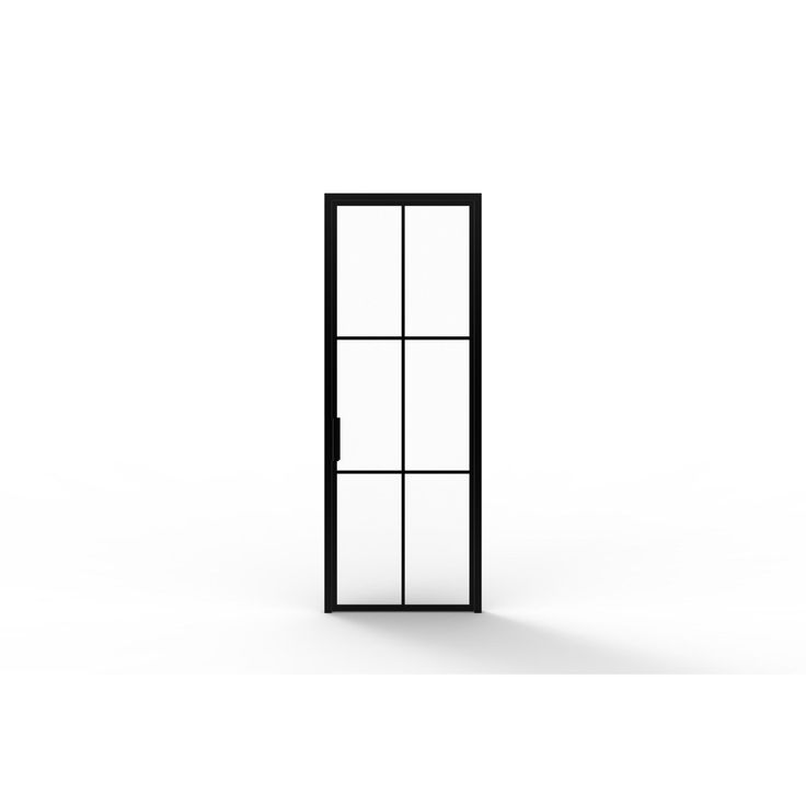 an open door on a white wall with black frame and glass doors in the middle