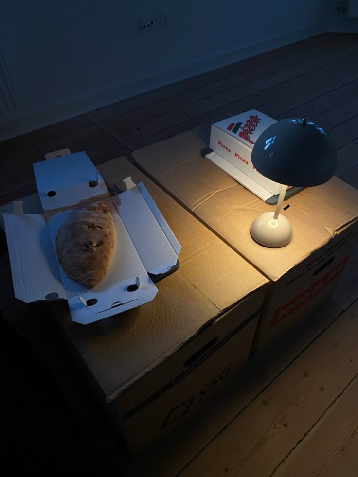 a lamp that is sitting on top of a box with some food in it,