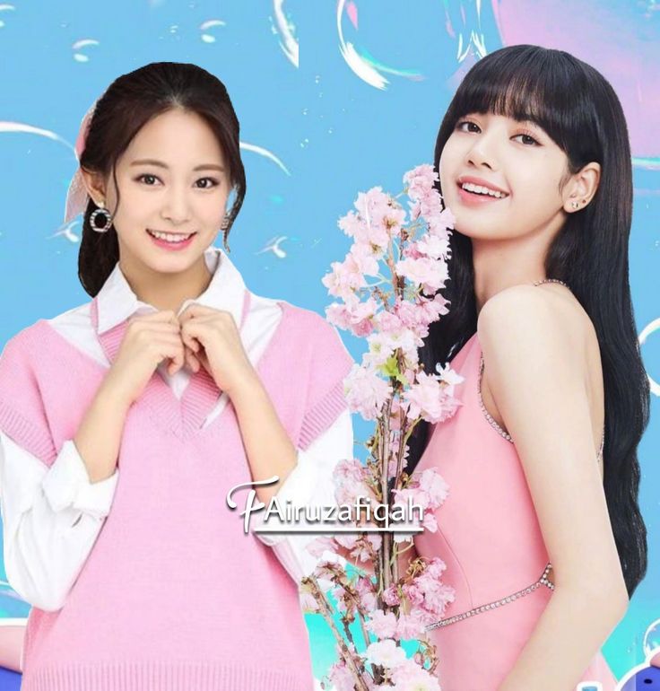 two young women standing next to each other in front of a blue and pink background