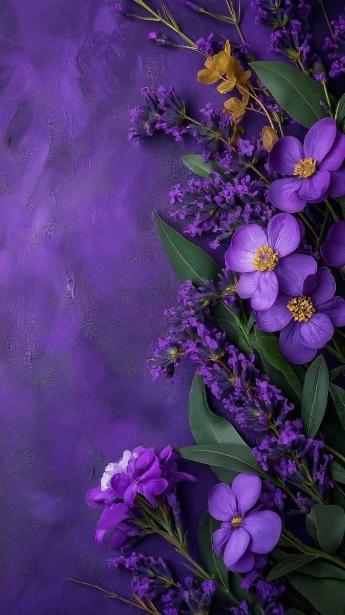 purple flowers and green leaves on a purple background