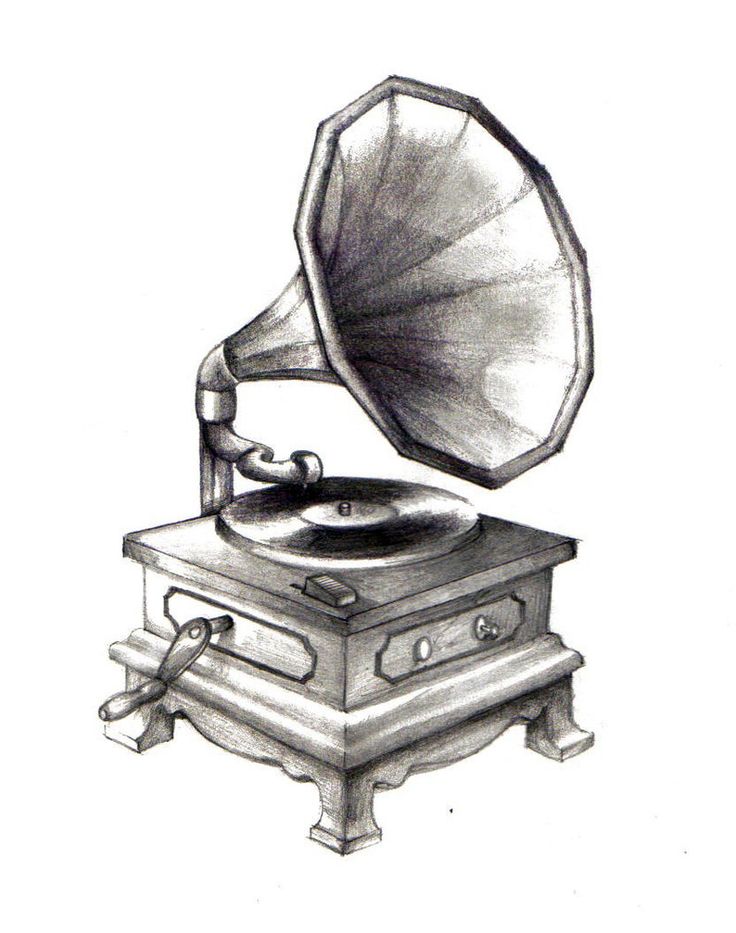 a drawing of an old - fashioned record player with a gramphone on it's stand