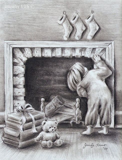 a pencil drawing of a child looking at a fireplace