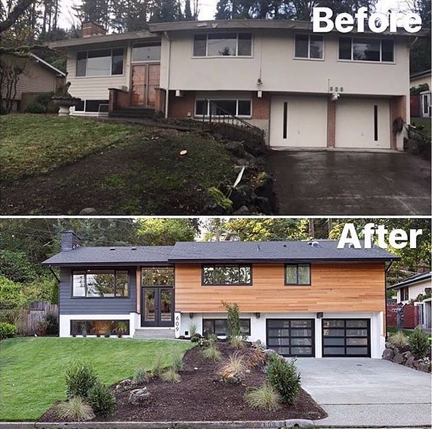 before and after photos of a house with garage doors open in front of the house