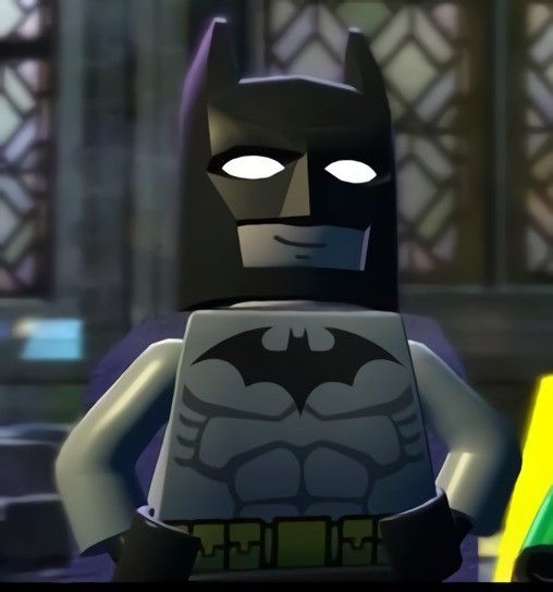 the lego batman movie character is standing in front of a yellow and green neon light