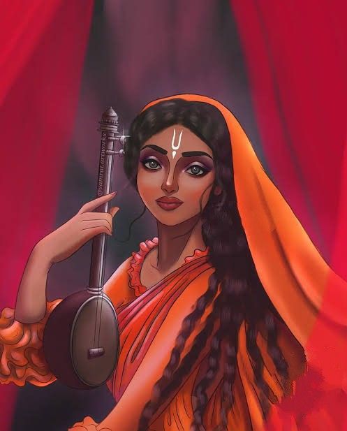 a painting of a woman holding a musical instrument in her right hand and wearing an orange sari