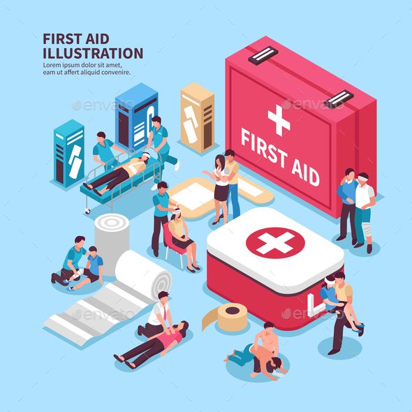 first aid kit with people in the hospital and medical equipment, including an oxygen tube