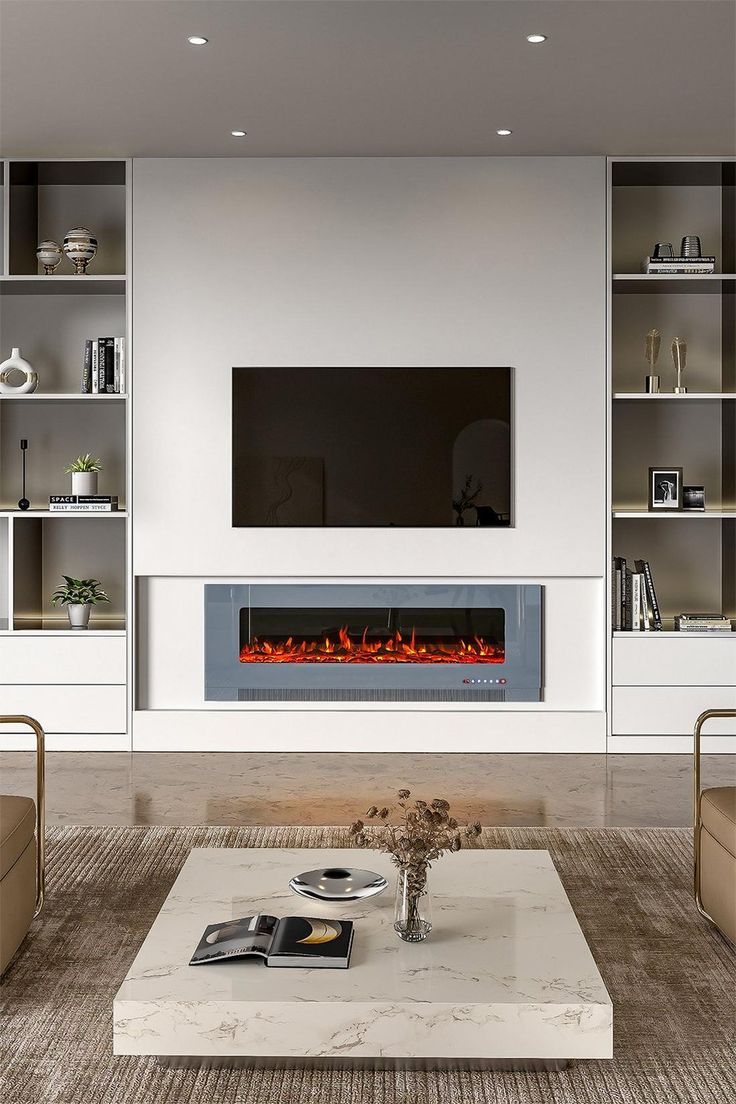 modern living room with fireplace and built - in bookcases