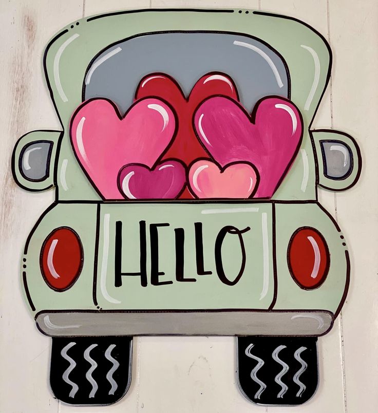 a painting of a car with hearts in the back