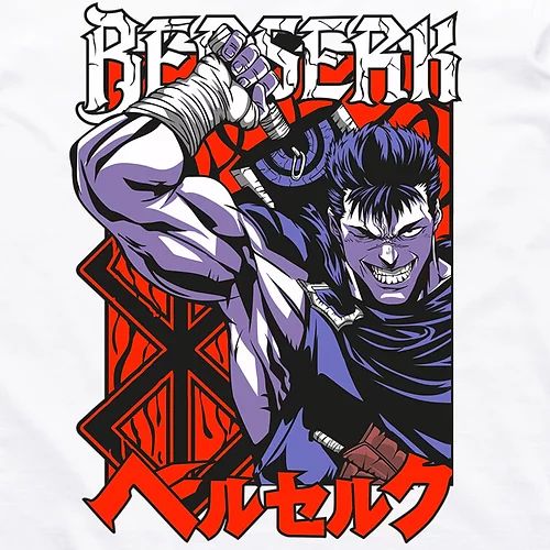 a white shirt with an image of the character berseki