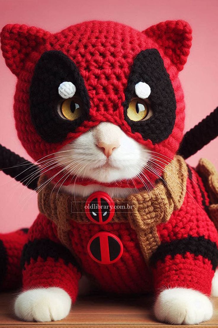 a crocheted red and black cat sitting on top of a wooden table next to a pink wall