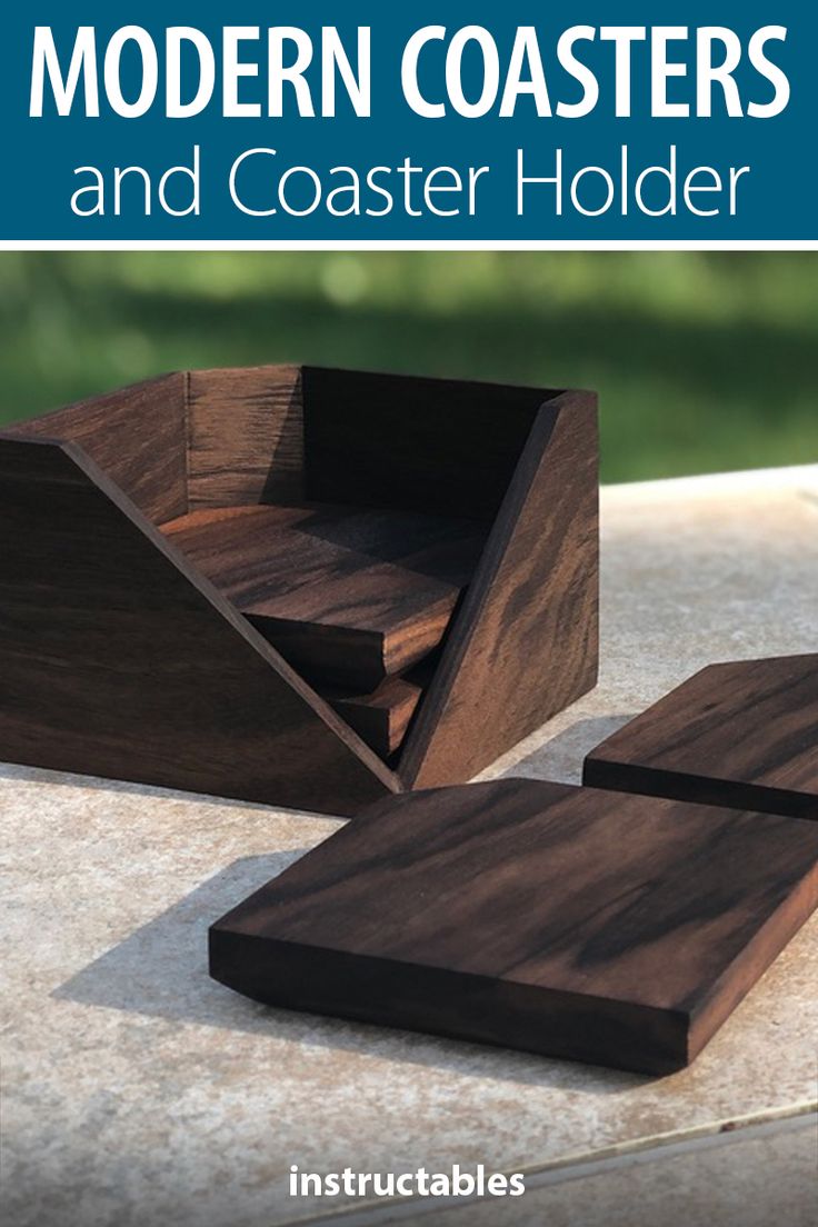 wooden coasters and coaster holders on a table with text that reads modern coasters and coaster holders