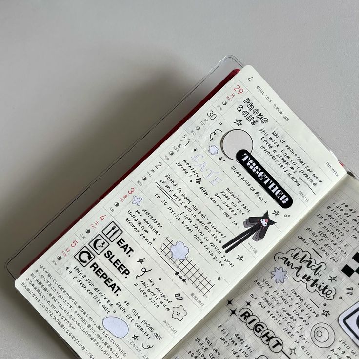 an open notebook with stickers and writing on it