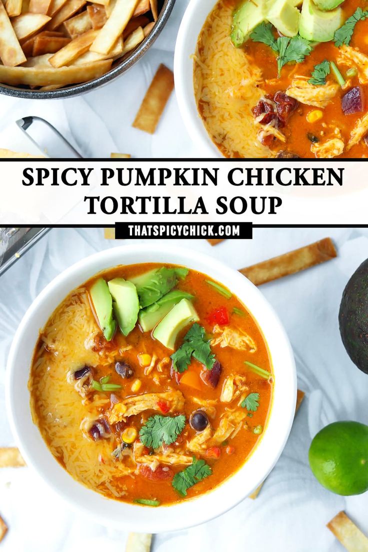 two bowls of spicy pumpkin chicken tortilla soup