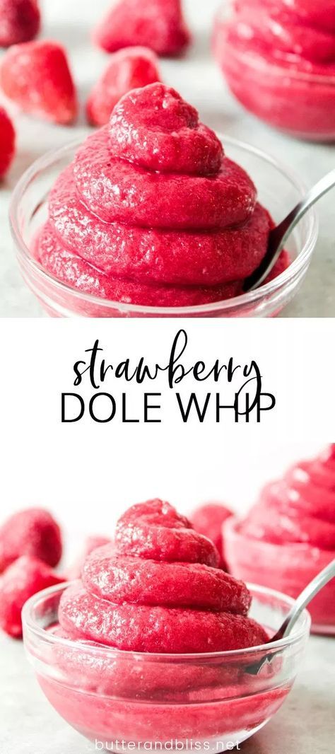 strawberry dole whip in a glass bowl with strawberries on the side and text overlay reading strawberry dole whip