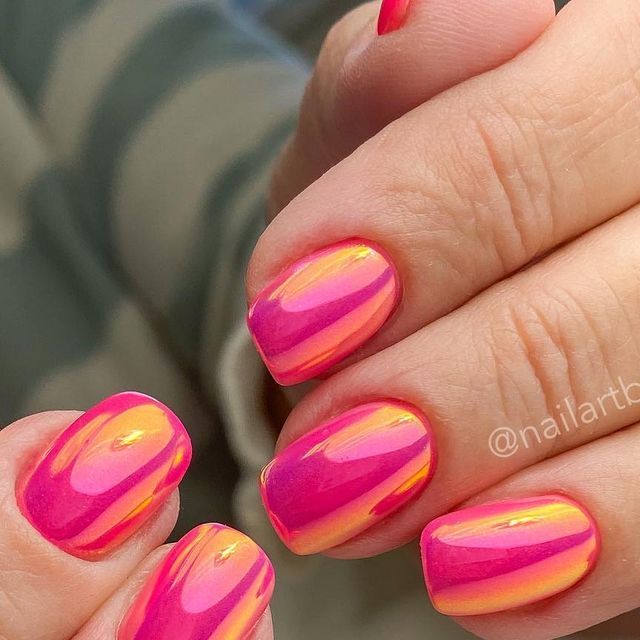 Pink With Orange Nails, Bright Color Chrome Nails, Hot Pink Crome Nail, Summer Pedicures 2024, Pink And Yellow Chrome Nails, Bright Pink Nails With Chrome, Bright Chrome Summer Nails, Pink And Gold Chrome Nails, Pink Orange Chrome Nails