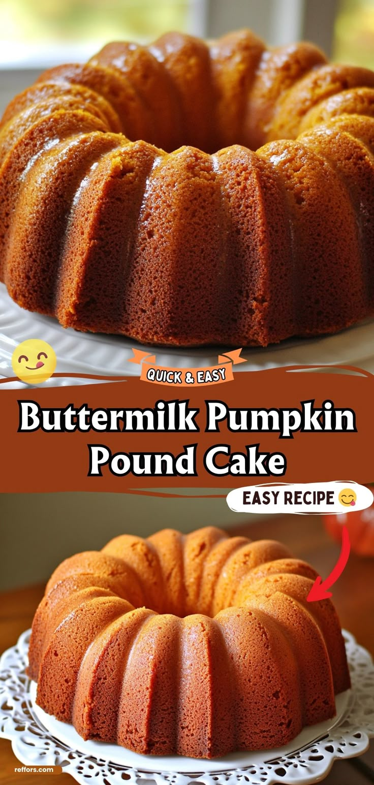 a bundt cake on a plate with the words buttermilk pumpkin pound cake