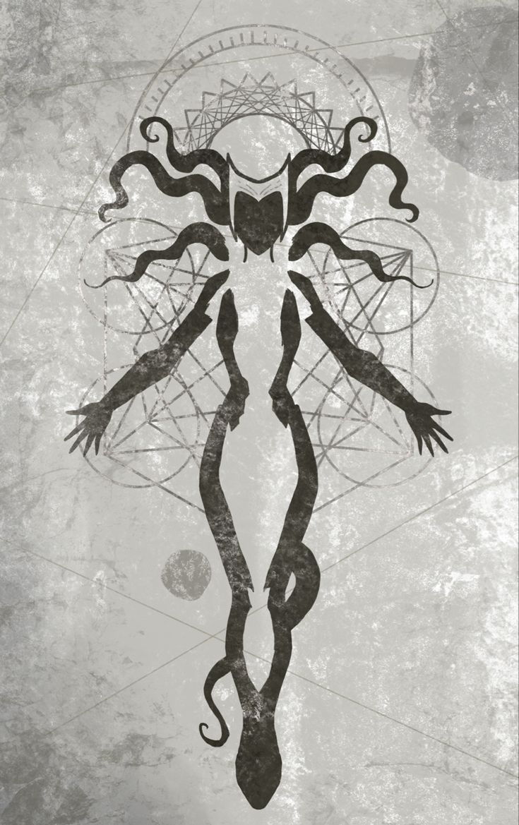 the silhouette of a woman with her arms spread out, surrounded by lines and circles