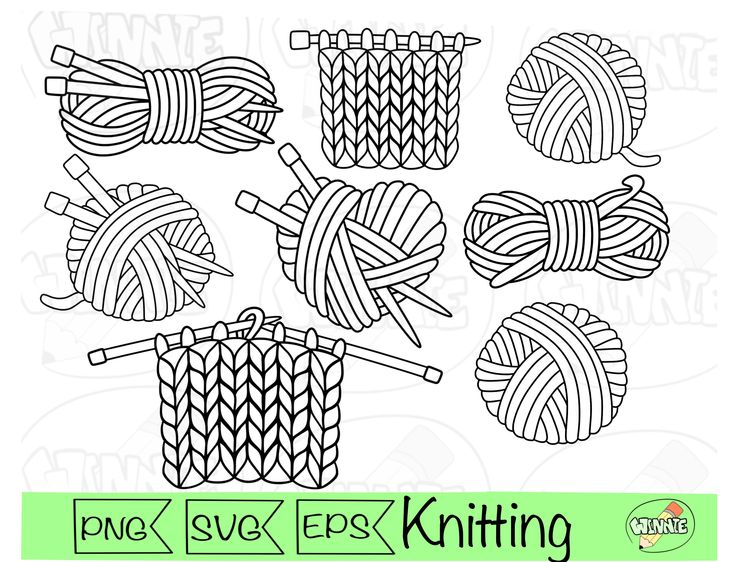 six balls of yarn and knitting needles in black and white, on a green background