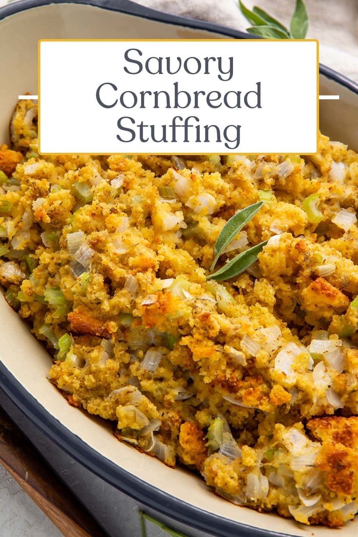 savory cornbread stuffing in a blue dish