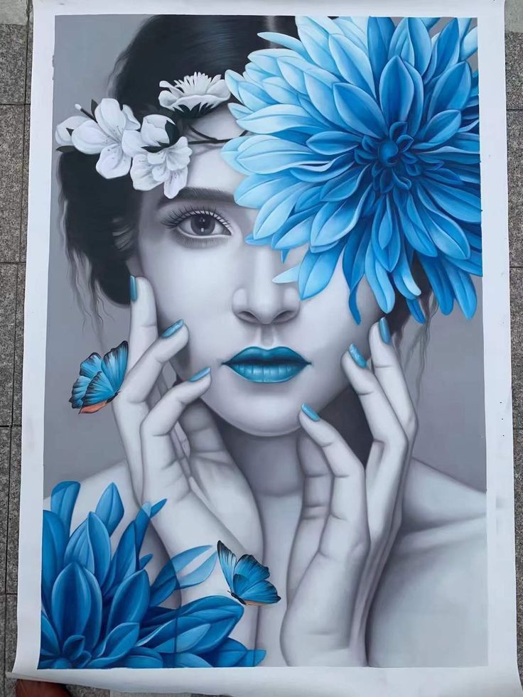 a woman with blue and white flowers on her head, holding two hands up to her face