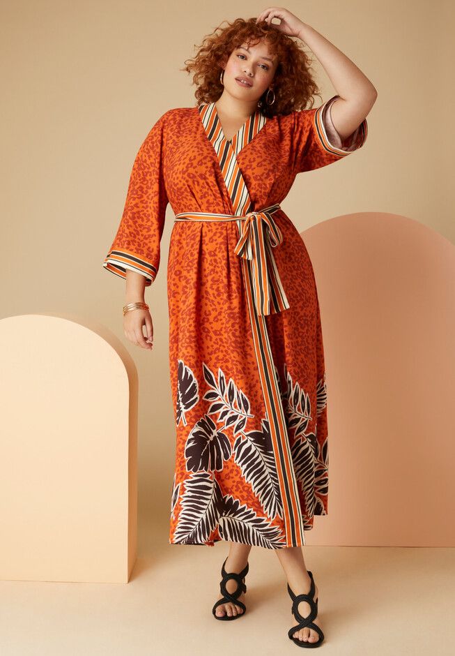 This kimono-style dress is timeless and figure-flattering, with a button closure and self-belt. Designed with a bold print and front and back v-neckline, Kimono Style Dress, Thermal Sweater, Womens Scrubs, Woman Within, Kimono Style, Swimsuits For All, Back Women, Kimono Dress, A Button