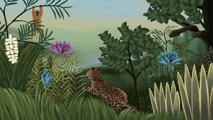 a painting of a cheetah in the jungle surrounded by plants and flowers,