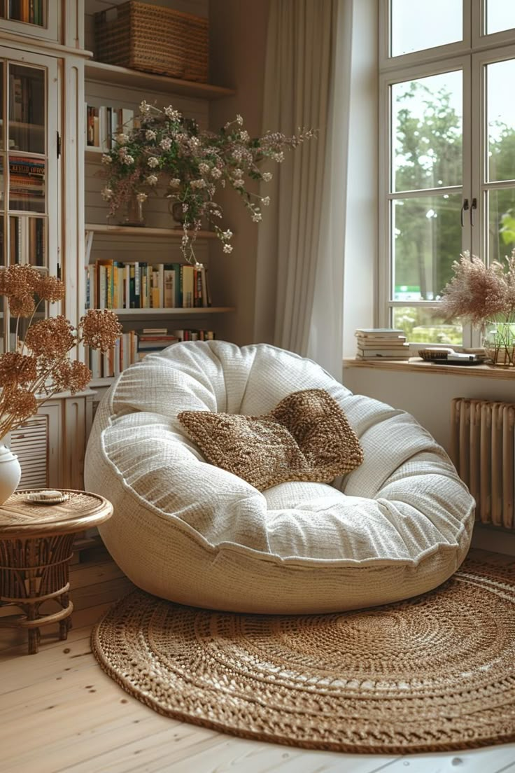 a white bean bag chair sitting on top of a rug in front of a window