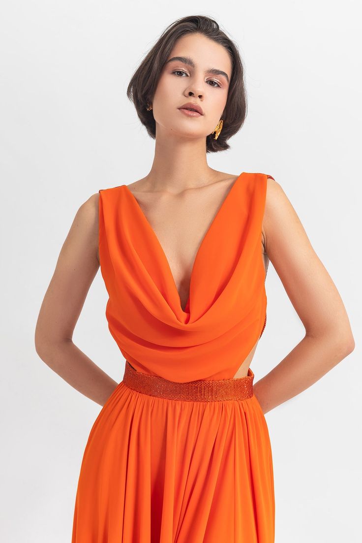 Description Orange A-line, Long dress Sleeveless Open neckline Chiffon Dry Clean Evening Dress Made in Lebanon GMS23 6984LD Dresses Korean Style, Long Flared Dress, Orange Chiffon, Georgette Dress, Greek Style, Flared Dress, Casual Clothing, Orange Dress, Dress Sleeveless