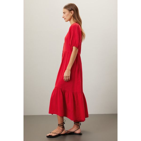 Red (100% Cotton). Casual dress. Short sleeves. V-neck. Front button closure. 47" from shoulder to hemline. Made in the USA.¬† Casual Red V-neck Midi Dress, Red V-neck Midi Dress With Button Closure, Red Midi Dress With Button Closure, Red V-neck Viscose Dress, Red V-neck Dress With Buttons, Red Buttoned Maxi Dress For Summer, Red Viscose Maxi Dress, Casual Red Viscose Dress, Red Summer Dress With Button Closure