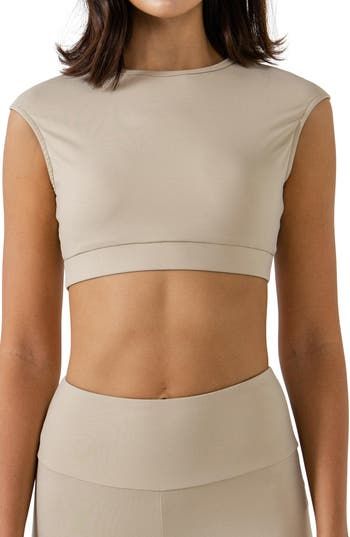 Crisscrossing straps bridge the open back of a cap-sleeve crop top that's a sporty workout staple. 75% nylon, 25% spandex Hand wash, line dry Imported Sporty Crop Top With Adjustable Straps And Scoop Neck, Fitted Beige Crop Top With Adjustable Straps, Sporty T-back Bra-friendly Crop Top, Sporty Bra-friendly T-back Crop Top, Sporty Crop Top With Built-in Bra And Strappy Back, Cap Sleeve, Fashion Advice, Cap Sleeves, Open Back