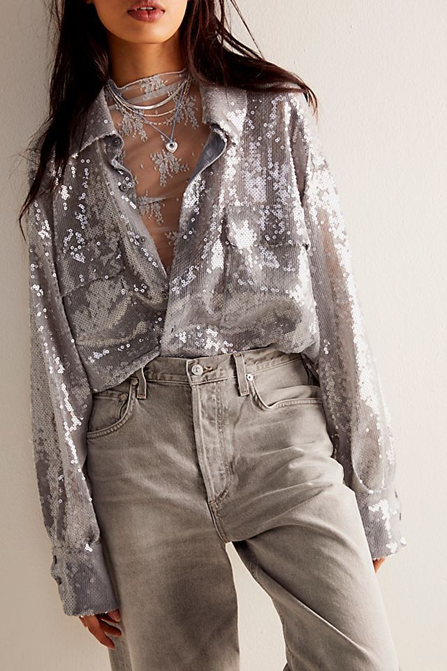 Disco Margarita Button Down Button Down Style, Silver Shirt, Denim On Denim, Sequin Shirt, Disco Outfit, Looks Street Style, Menswear Inspired, 가을 패션, Mode Inspiration