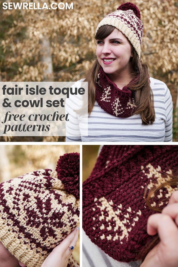 a woman wearing a knitted hat and scarf with text that reads fair isle taque & cow set free crochet patterns