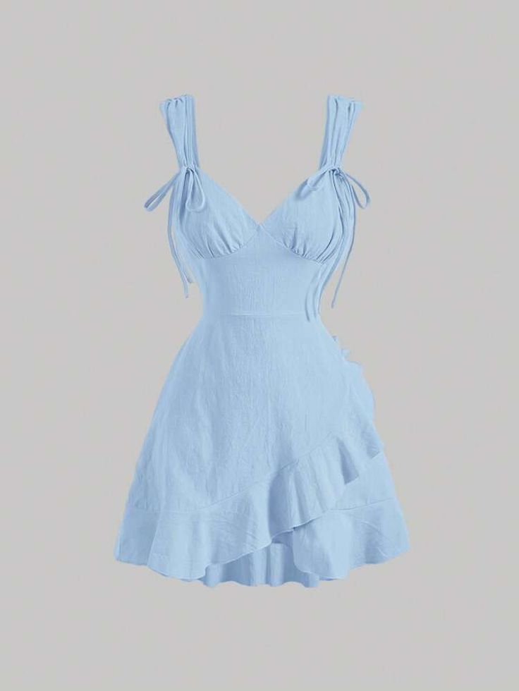 Free Returns ✓ Free Shipping✓. SHEIN MOD Tie Shoulder Ruffle Trim Wrap Hem Cami Dress- Women Dresses at SHEIN. Baby Blue Sundress, Y2k Blue Dress, Sky Blue Dress Casual, Short Light Blue Dress, Guest Aesthetic, Blue Cami Dress, Light Blue Dress Short, Bday Dress, Cute Blue Dresses