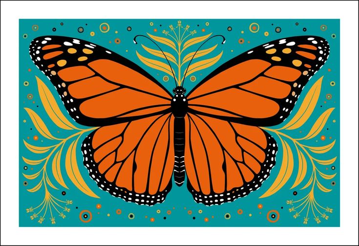 an orange and black butterfly on a blue background