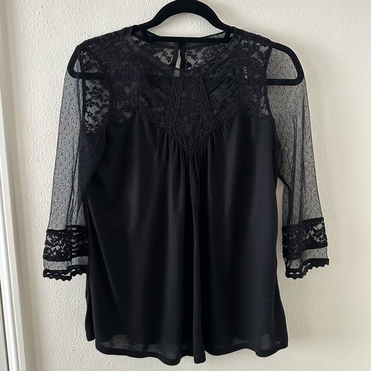 Express Black Blouse Lace/Mesh Chest, Upper Back, And Sleeves Brand New W/ Tags 100% Rayon Bust 18” Length 26.75” Size Xs Blouse Lace, Lace Blouse, Black Blouse, Top Blouse, Womens Tops, Mesh, Brand New, Tags, Lace