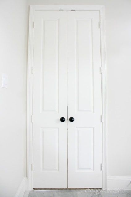 an empty room with two white doors and a black cat sitting on the floor next to it